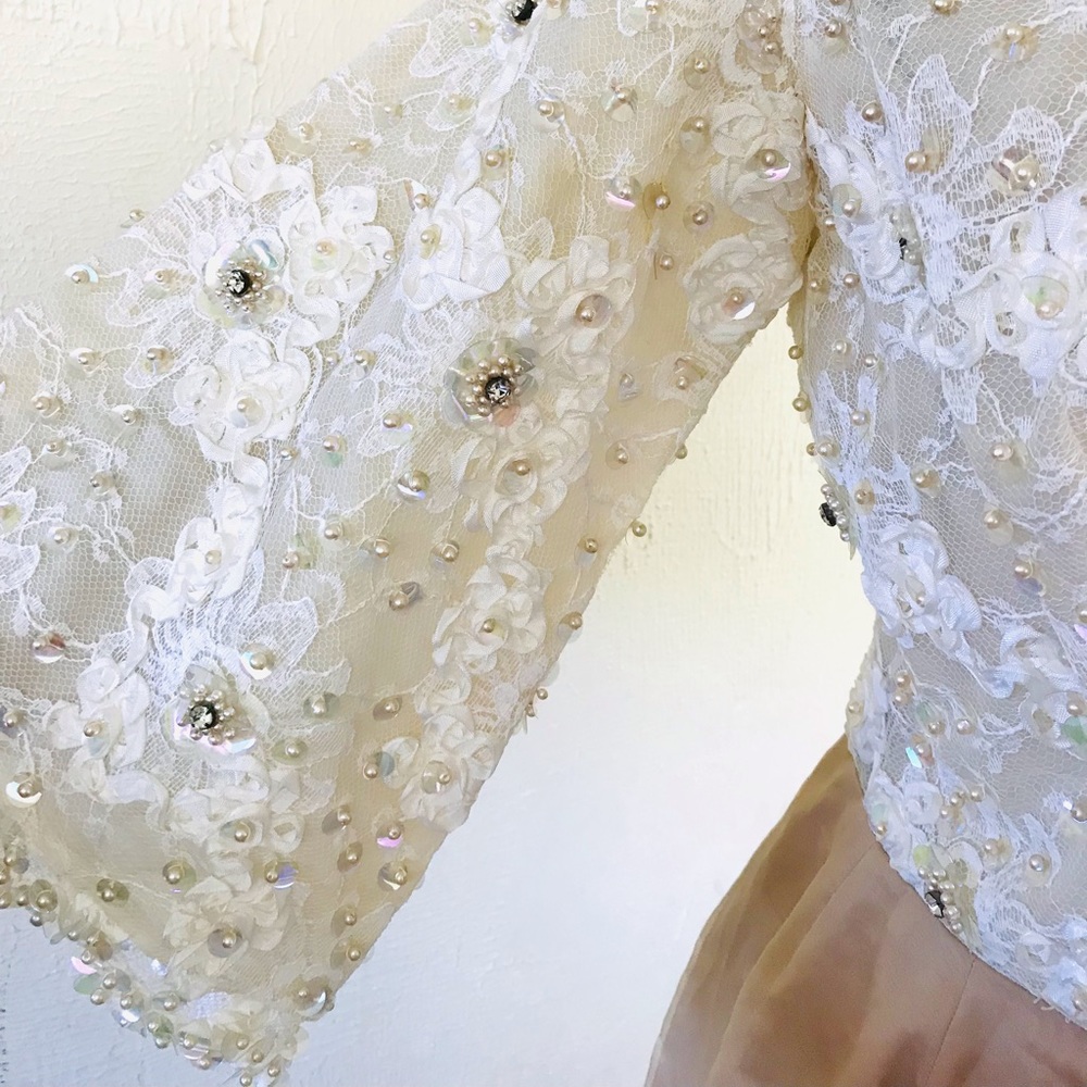 SOLD Vintage 60s Hall Ludlow Gown Sequins Lace Organza Cream Beige Wedding Dress - Picture 12 of 16